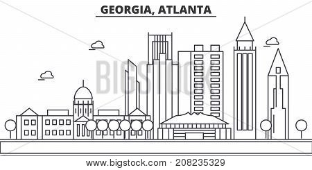 Georgia, Atlanta architecture line skyline illustration. Linear vector cityscape with famous landmarks, city sights, design icons. Editable strokes