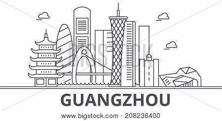 Guangzhou architecture line skyline illustration. Linear vector cityscape with famous landmarks, city sights, design icons. Editable strokes