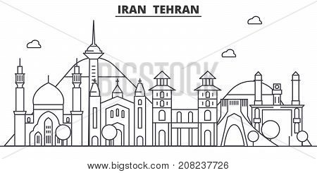 Iran, Tehran architecture line skyline illustration. Linear vector cityscape with famous landmarks, city sights, design icons. Editable strokes