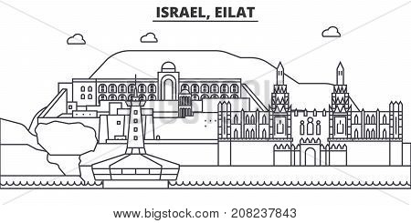 Israel, Eilat architecture line skyline illustration. Linear vector cityscape with famous landmarks, city sights, design icons. Editable strokes