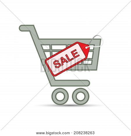 Shopping cart with sale label. Supermarket cart or trolley and sale tag. Discount concept. Vector isolated object.