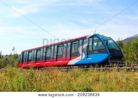 STARY SMOKOVEC, SLOVAKIA - AUGUST 28, 2015: Funicular from Stary Smokovec to Hrebienok mountain in High Tatras (Vysoke Tatry) national park
