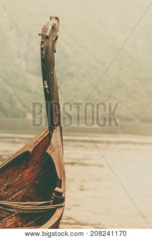 Old Wooden Viking Boat In Norwegian Nature