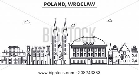 Poland, Wroclaw architecture line skyline illustration. Linear vector cityscape with famous landmarks, city sights, design icons. Editable strokes