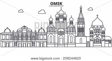 Russia, Omsk architecture line skyline illustration. Linear vector cityscape with famous landmarks, city sights, design icons. Editable strokes