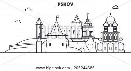 Russia, Pskov architecture line skyline illustration. Linear vector cityscape with famous landmarks, city sights, design icons. Editable strokes