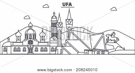 Russia, Ufa architecture line skyline illustration. Linear vector cityscape with famous landmarks, city sights, design icons. Editable strokes