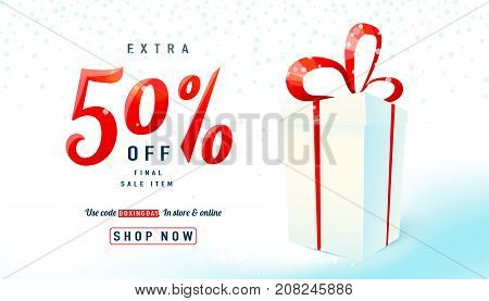 Boxing day sale background. Gift box on light backdrop. Extra 50 percent off final sell-out item. Holiday design concept. Vector illustration