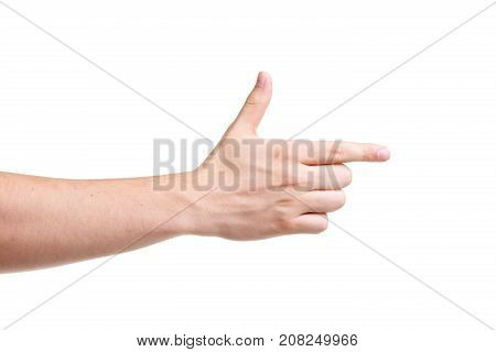 Male hand makes a shot gesture, isolated on white. Close-up.