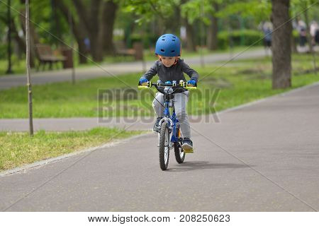 Happy kid boy of 5 years having fun in spring park with a bicycle on beautiful fall day. Active child wearing bike helmet