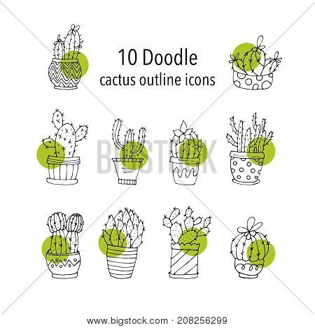 Set of 10 handdrawn doodle icons of cactus vases. Cactus succulents vector illustrations.