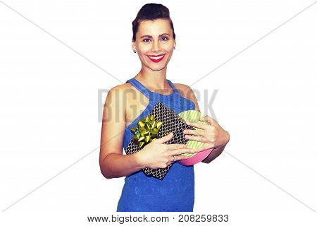 Beauty fashion woman with gift. female is smiling in stylish fashionable clothes with gifts. Portrait of young beautiful girl isolated on white background. Surprise on holiday concept