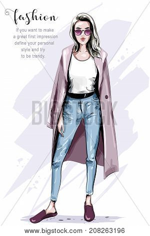 Cool hand drawn fashion woman in coat. Stylish beautiful woman in sunglasses. Fashion look. Sketch. Vector illustration.