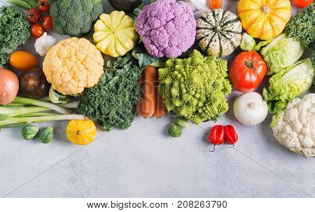 Top view of different colored rainbow vegetables on the light grey background, copy space for text below, selective focus