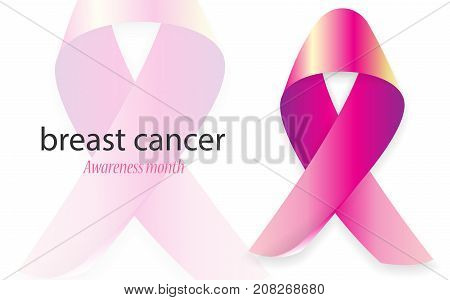 Realistic pink ribbon with soft shadow support charity against breast cancer. Medical banner. Awareness woman October month. Survivor concept poster female day card. Satin bow badge.