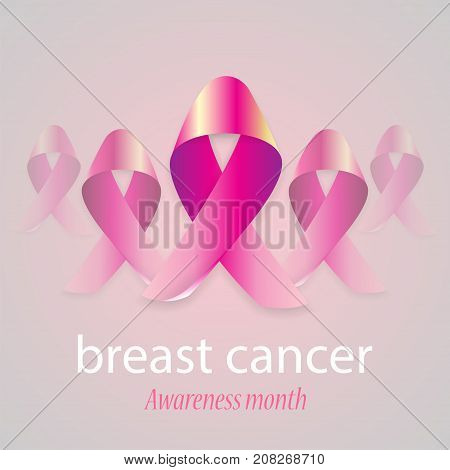 Awareness woman October month. Realistic pink ribbon with soft shadow support charity against breast cancer. Medical banner. Survivor concept poster female day card. Satin bow badge.