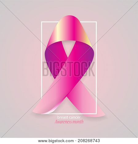 Awareness woman October month. Realistic pink ribbon with soft shadow support charity against breast cancer. Medical banner. Survivor concept poster female day card. Satin bow badge.