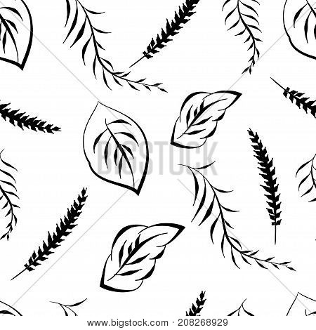 Doodle leaf, blossom print wallpaper. Vintage black white retro background. Textile leaf art silhouette. 