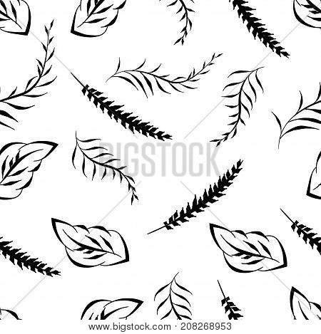 Doodle leaf, blossom print wallpaper. Vintage black white retro background. Textile leaf art silhouette. 