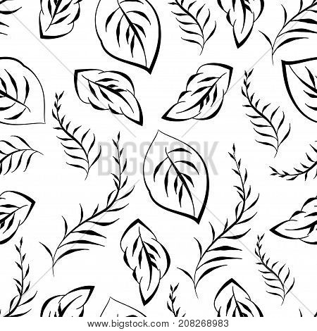 Doodle leaf, blossom print wallpaper. Vintage black white retro background. Textile leaf art silhouette. 