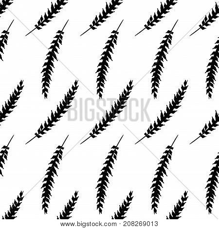 Vintage black white retro background. Textile leaf art silhouette. Spring, summer foliage backdrop. Monochrome seamless printable pattern. Doodle leaf, blossom print wallpaper.