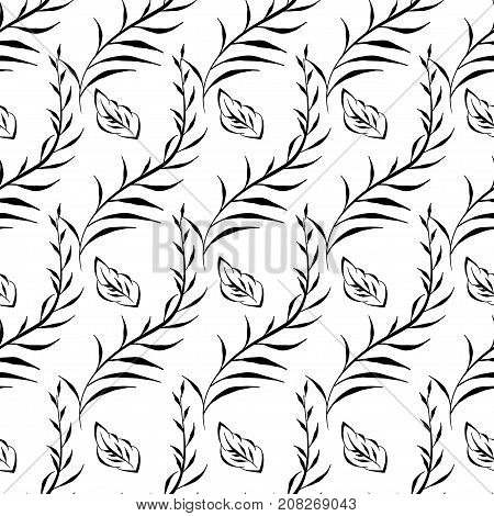 Textile leaf art silhouette. Spring, summer foliage backdrop. Monochrome seamless printable pattern. Doodle leaf, blossom print wallpaper. Vintage black white retro background.