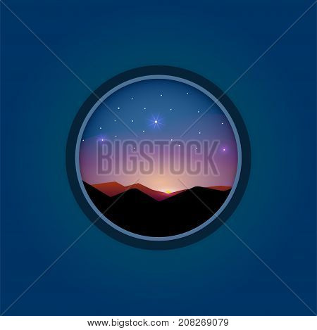 sunrise sunbeams hill. Vector banner landscape in flat style. Travel illustration in circle frame with long shadow. Origami paper background. Outdoor nature season adventure graphic.