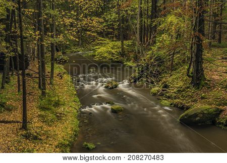 Chribska Kamenice River In National Park Ceske Svycarsko In Autumn Morning