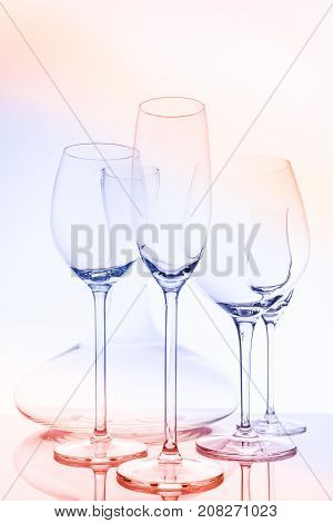 Glassware Selection With Wine, Champagne, Liquour Glasses And Decanter On Creative Background