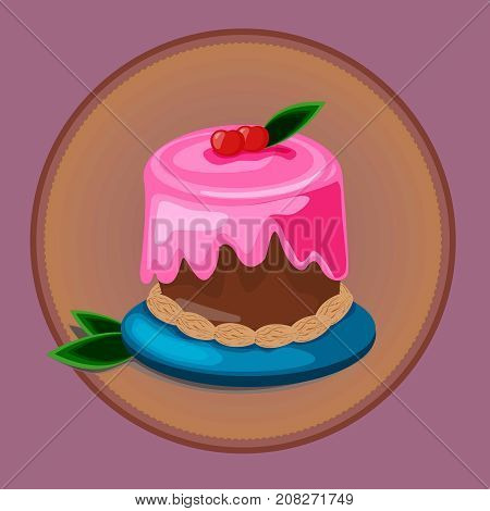 Pastry desserts or bakery shop vector emblem. Sweet cupcake cake or tart icon for pastry or patisserie confectionery badge. Chocolate pie with cherry and strawberry topping on a plate with almonds