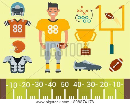 American football player and sport game icons vector cartoon style isolated quarterback jumping success usa athlete. Professional competition floodlit challenge culture fitness.