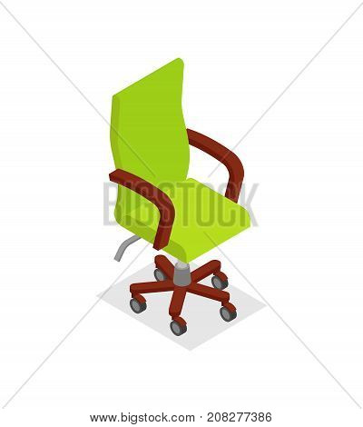 Office armchair isometric 3D icon. Empty seat for employee, green ergonomic armchair, furniture odject vector illustration.