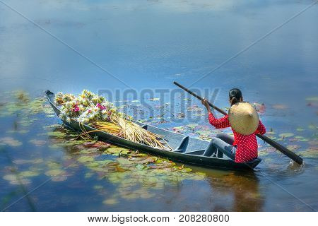 Long An, Vietnam - September 24th, 2017: Farmers carrying lilies boating through rural marshland in early morning brought agricultural trade market in the Mekong Delta, Long An, Vietnam