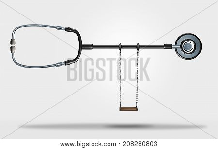 Child healthcare symbol and pediatric or pediatrician doctor concept as a medic stethoscope with a kid swing as a 3D illustration.