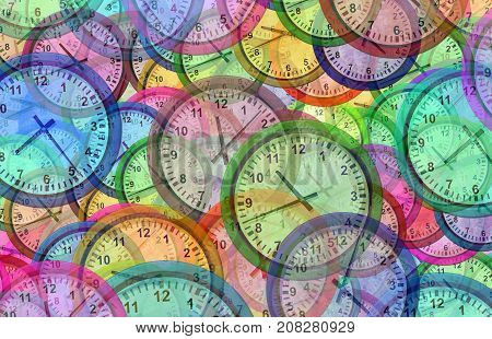Time background with multiple clock symbols as a chronology and traveling pattern as a 3D illustration.