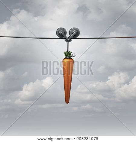 Enticement and motivation concept as a carrot pulled on a wire as a metaphor for marketing reward to attract and encourage a followed with a 3D render.