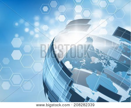 Abstract blue news vector with 3d globe map and technology shape bent around background. EPS10