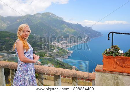 Woman In Ravelo Resort City At Amalfi Coast In Southern Italy
