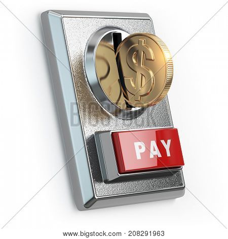 Paying  concept. Coin with dollar sign and coin acceptor isolated on white. 3d illustration