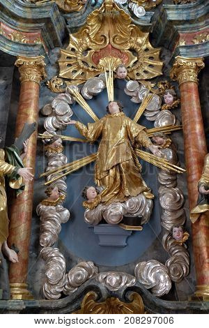 BELEC, CROATIA - JULY 09: Saint Stephen Protomartyr statue on altar in the Baroque Church of Our Lady of the Snow in Belec, Croatia on July 09, 2016.