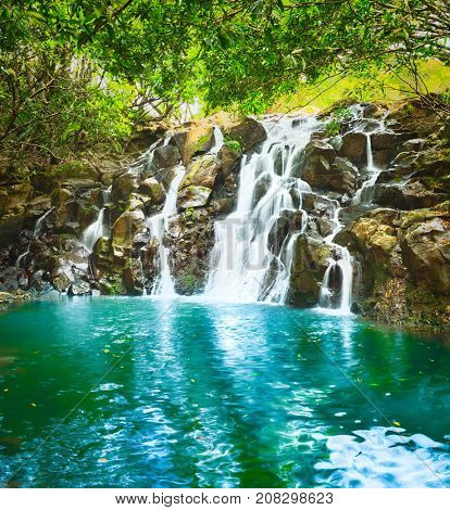 Scenic Cascade Vacoas waterfall. Mauritius island. 