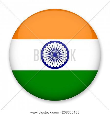 Flag of India in the form of a round button with a light glare and a shadow. The symbol of Independence Day, a souvenir, a button for switching the language on the site, an icon.