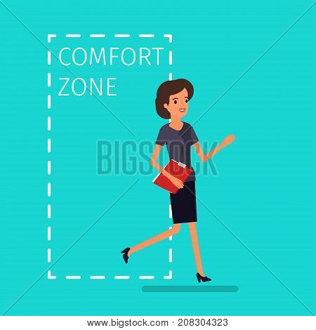 Concept of comfort zone. Business woman leaving the comfort zone to success. Flat design, vector illustration.