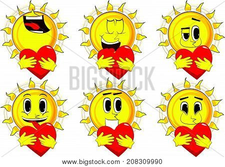 Cartoon sun hugging a big red heart. Collection with happy faces. Expressions vector set.