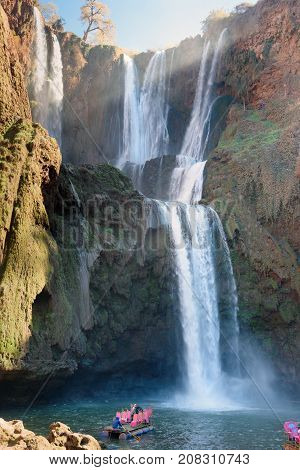 Tanaghmeilt Morocco - Jan 11 2017: View of Ouzoud Waterfall in the mountain Atlas village Tanaghmeilt