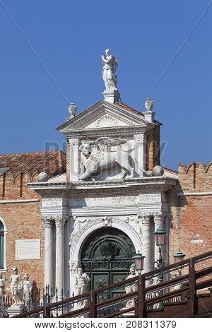 Venetian Arsenal old shipyard Venice Italy. Construction of the Arsenal began in the 12th century it was the largest industrial complex in Europe before the Industrial Revolution