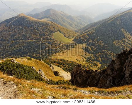 View from Vielki Rozsutec on Sedlo Medzirozsutce in the Mala Fatra mountain range, Slovakia in autumn