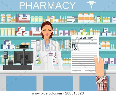 hand holding a prescription rx form. Interior pharmacy or drugstore with female pharmacist at the counter. Medicine pills capsules bottles vitamins and tablets. vector illustration in flat style