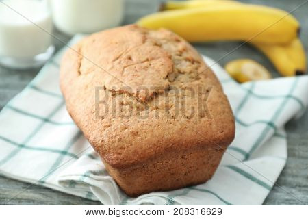 Tasty banana bread on table