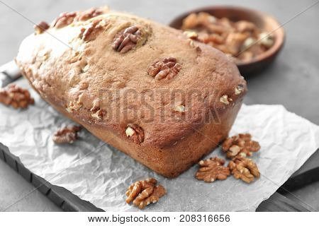 Tasty banana nut bread on table